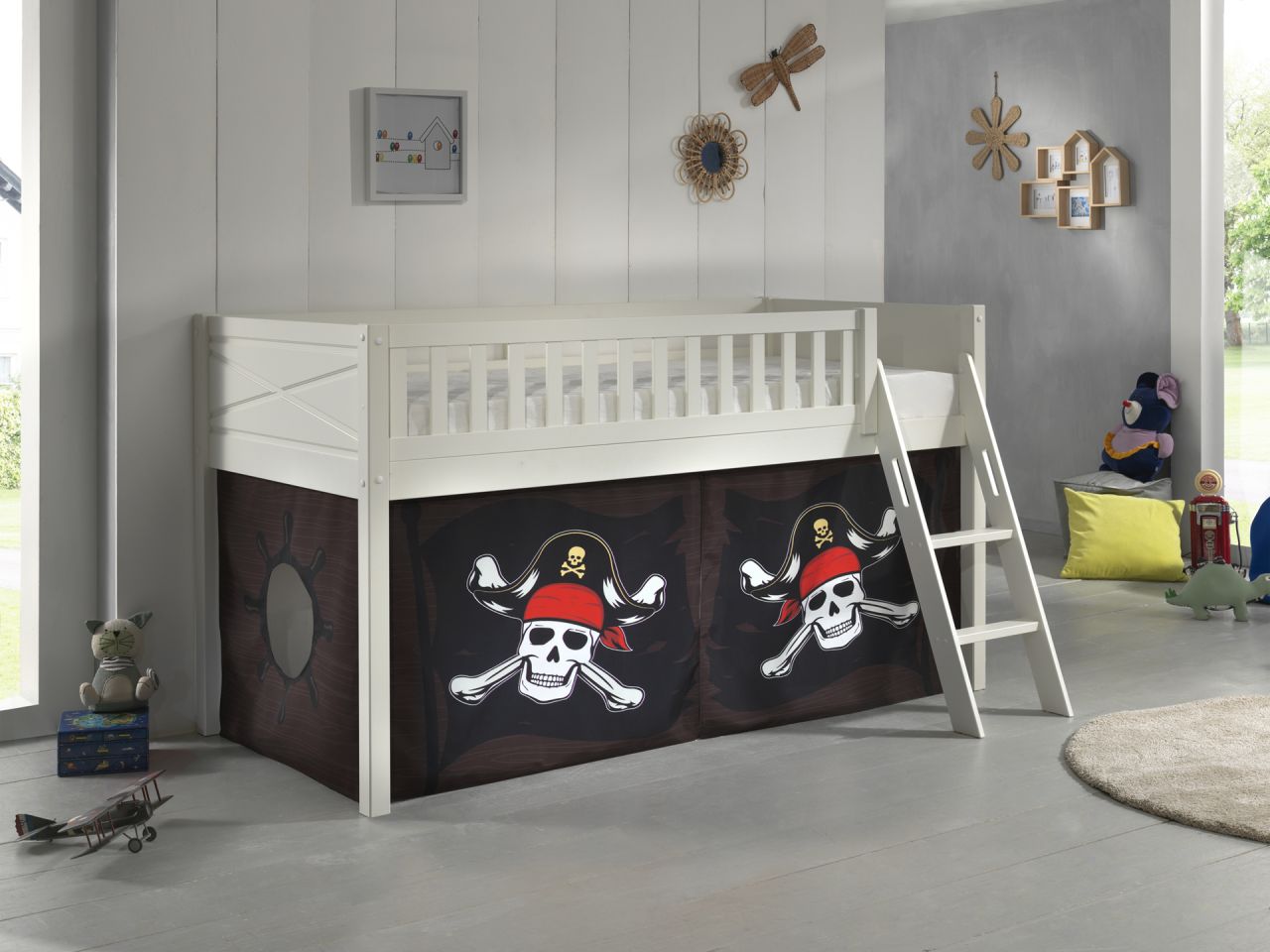 Set Spielbett Vorhang Lattenrost Hochbett Kinderbett 90x200 Piratenbett Schwarz von VIPACK