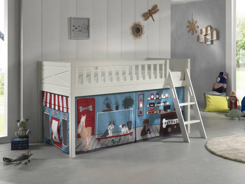 Set Spielbett Vorhang Lattenrost Hochbett Kinderbett 90x200 Tier Pferd Hund weiß von VIPACK