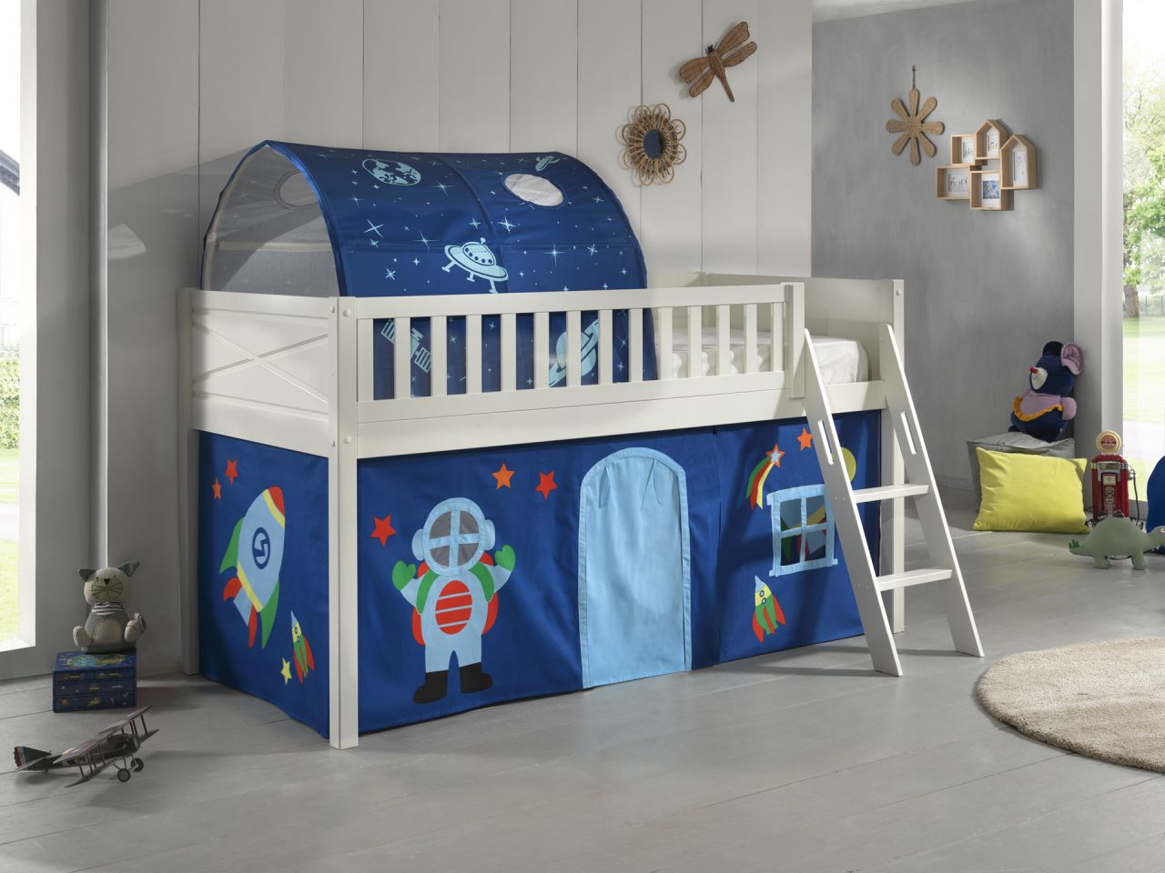 Set Spielbett Vorhang Lattenrost Hochbett Kinderbett 90x200 Weltall Astronauten von VIPACK