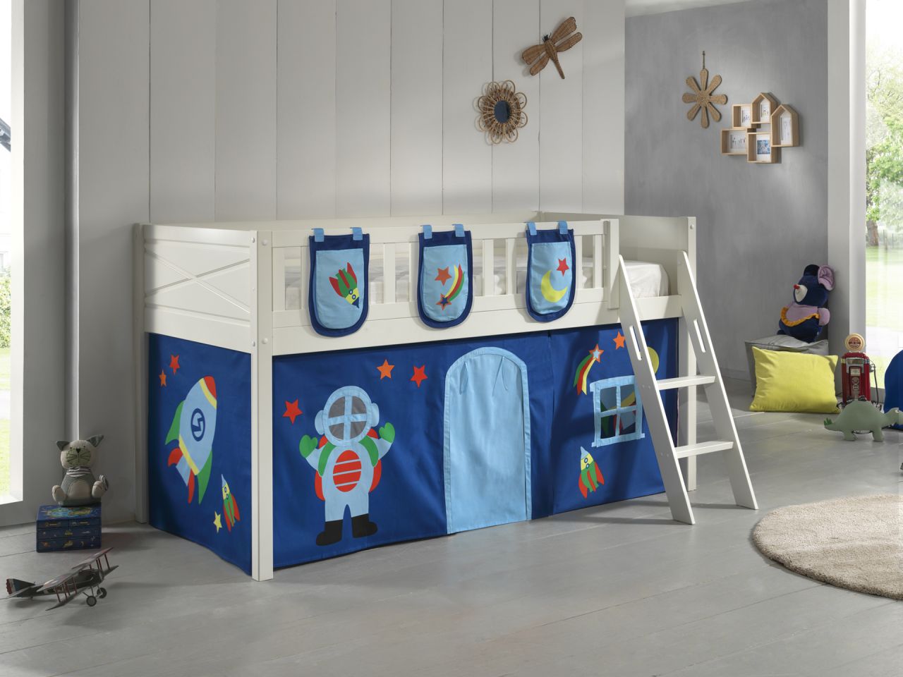 Set Spielbett Vorhang Lattenrost Hochbett Kinderbett 90x200 Weltall Astronauten von VIPACK