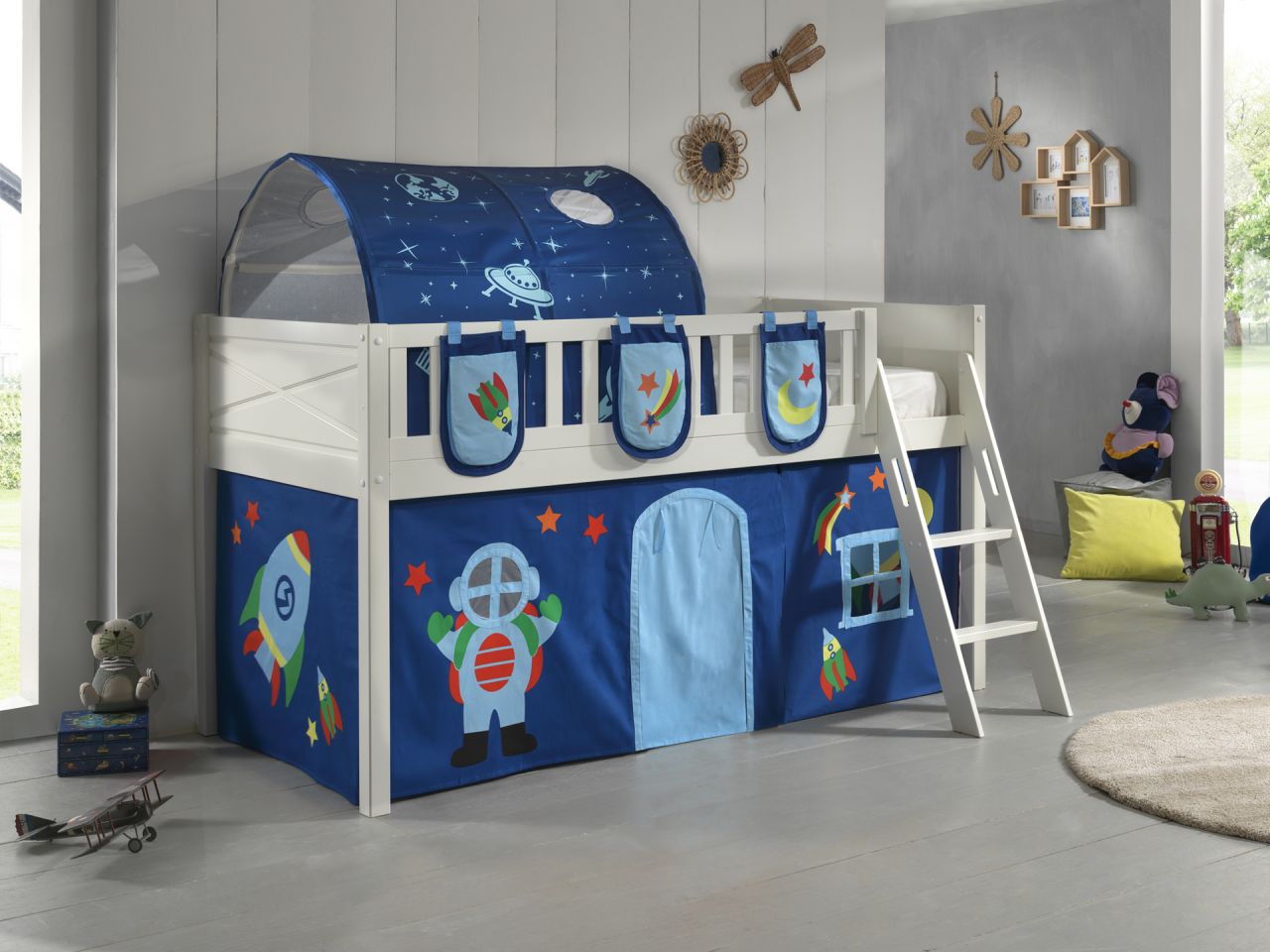 Set Spielbett Vorhang Lattenrost Hochbett Kinderbett 90x200 Weltall Astronauten von VIPACK