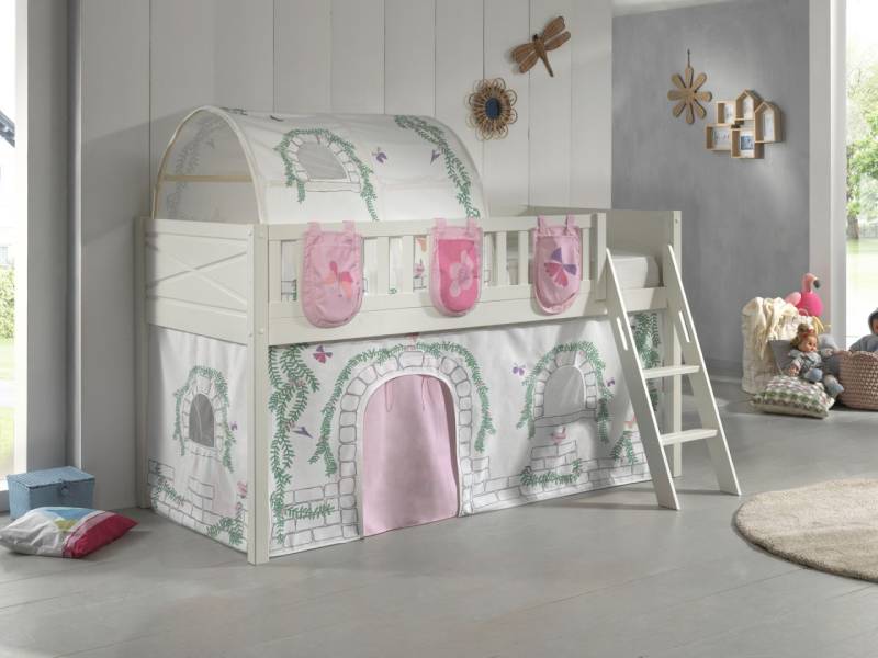 Set Spielbett Vorhang Lattenrost Hochbett Kinderbett 90x200 rosa Prinzessin weiß von VIPACK