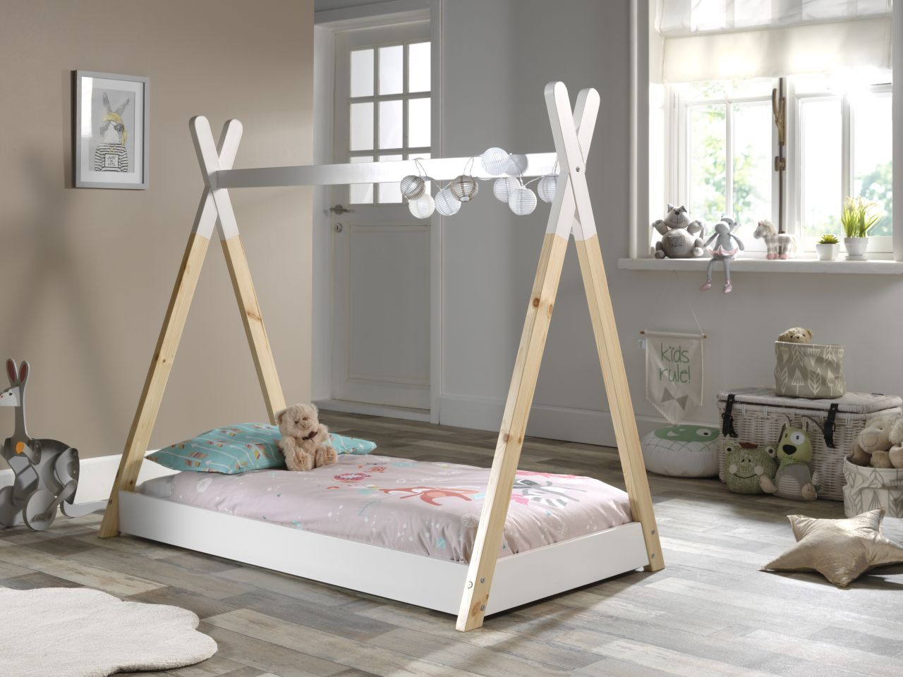 Set Tipi Zelt Bett Matratze 70x140 Kinderbett Lattenrost Hausbett Möbel Weiss von VIPACK