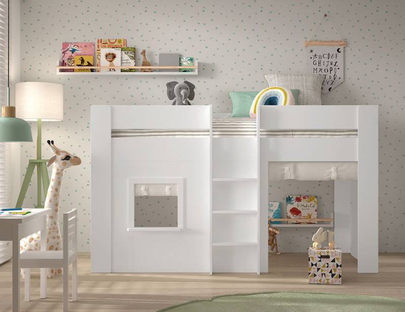 Set halbhohes Spielbett 90x200 Lattenrost Vorhang Hausbett Hüttenbett Kinderbett von VIPACK
