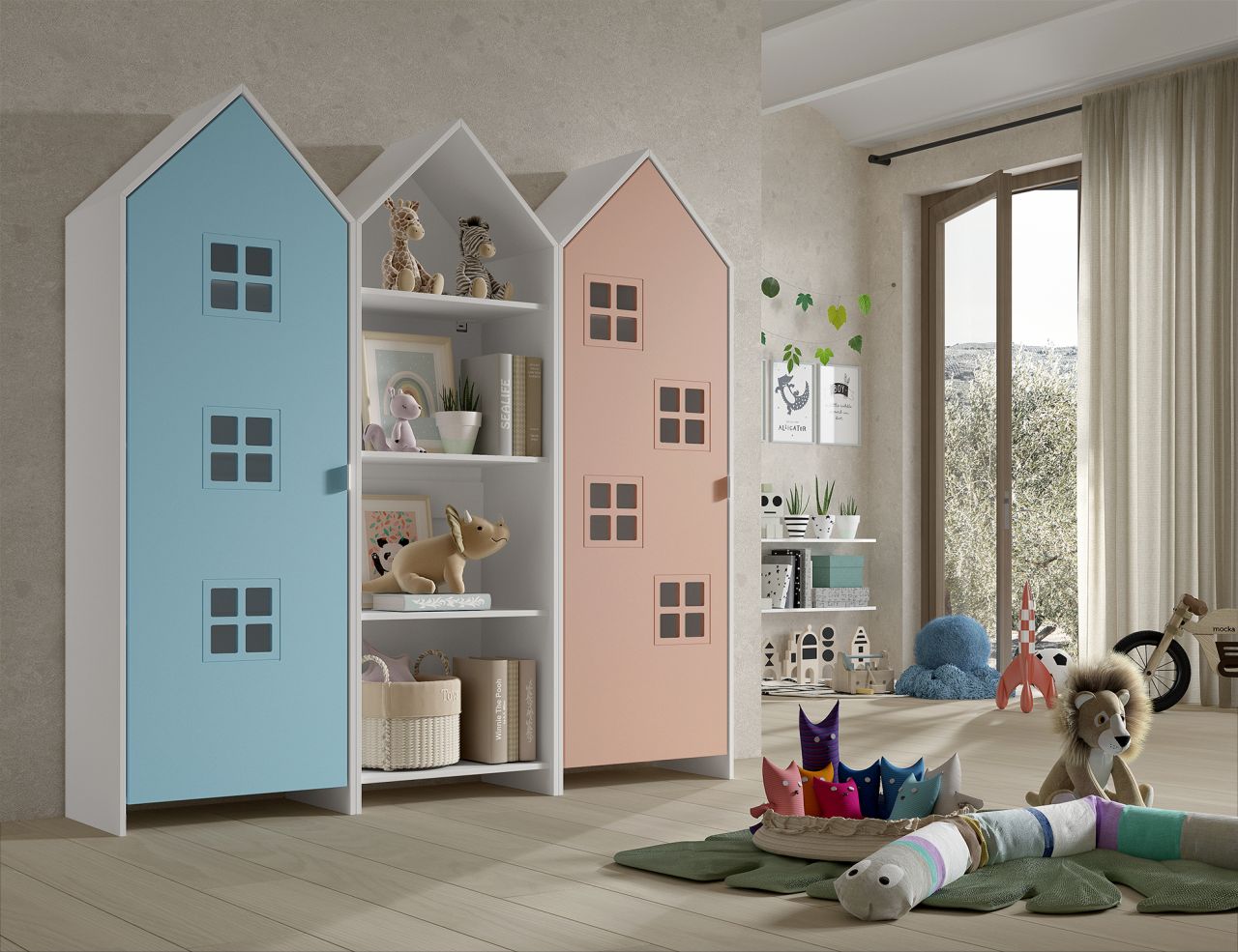 Set: 2 Schränke + Regal CASAMI BRUGES Jugendschrank Wäscheschrank Weiß Blau Pink von VIPACK