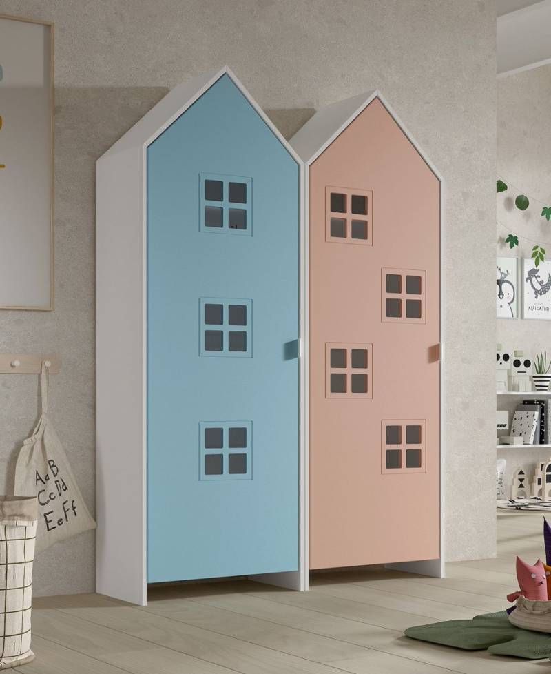Set: 2 Schränke 1-türig CASAMI BRUGES Jugendschrank Wäscheschrank Weiß Blau Pink von VIPACK