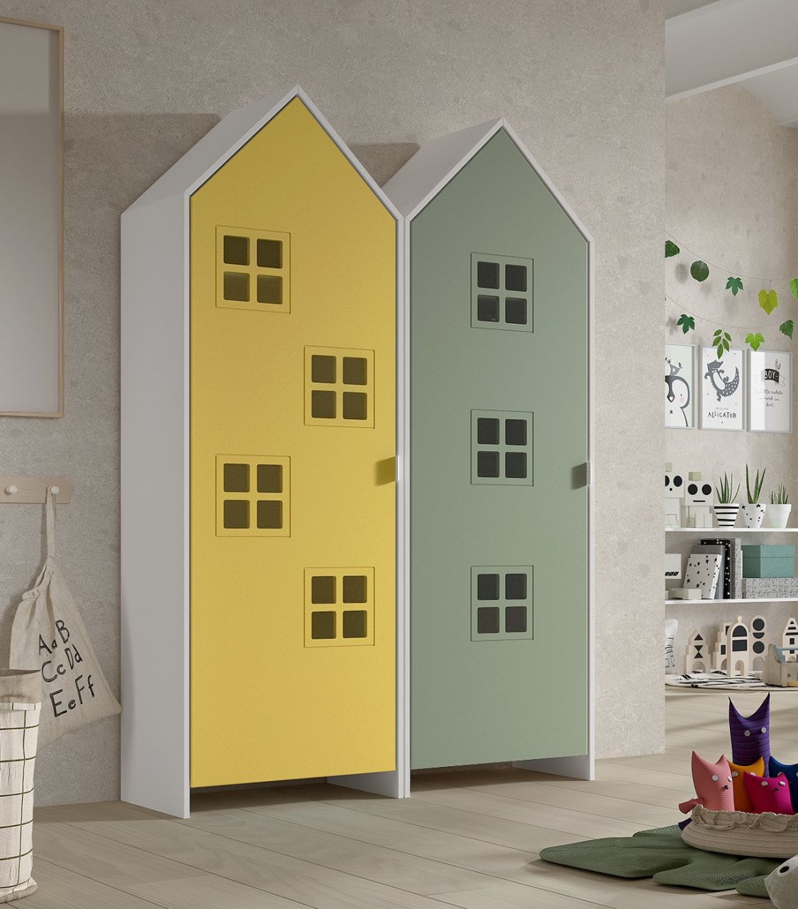 Set: 2 Schränke 1-türig CASAMI BRUGES Jugendschrank Wäscheschrank Weiß Gelb Grün von VIPACK