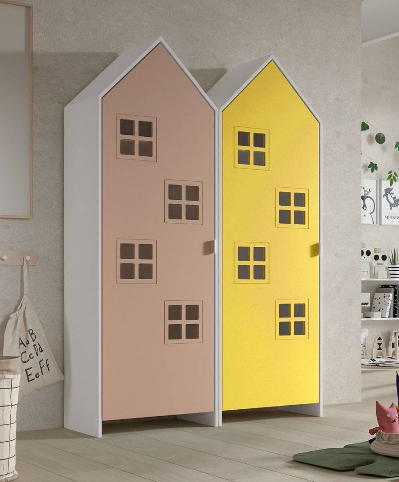 Set: 2 Schränke 1-türig CASAMI BRUGES Jugendschrank Wäscheschrank Weiß Pink Gelb von VIPACK