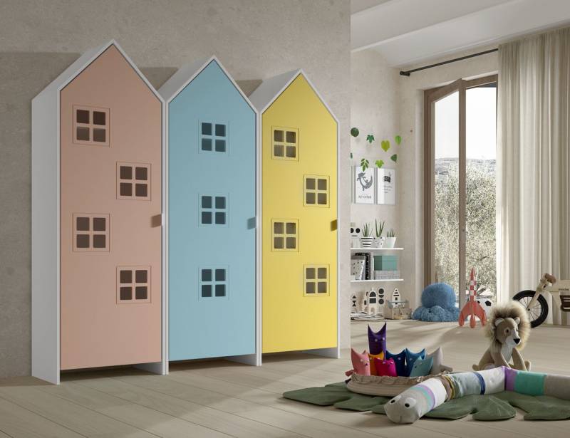 Set: 3 Schränke 1T CASAMI BRUGES Jugendschrank Wäscheschrank Weiß Blau Pink Gelb von VIPACK