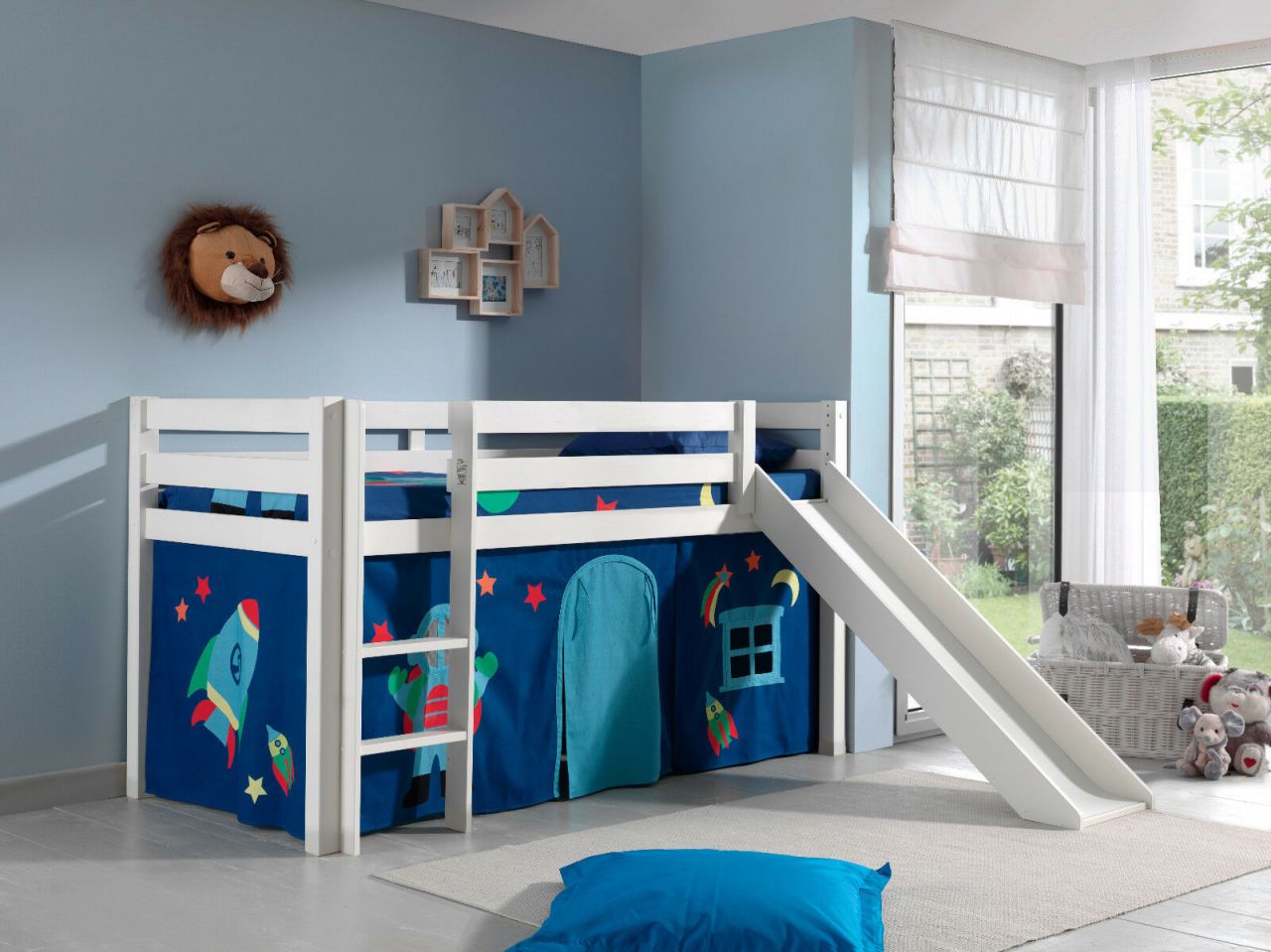 Spielbett Hochbett Kinderbett 90x200 Rutsche Vorhang Astronaut Weiß Weltall Holz von VIPACK