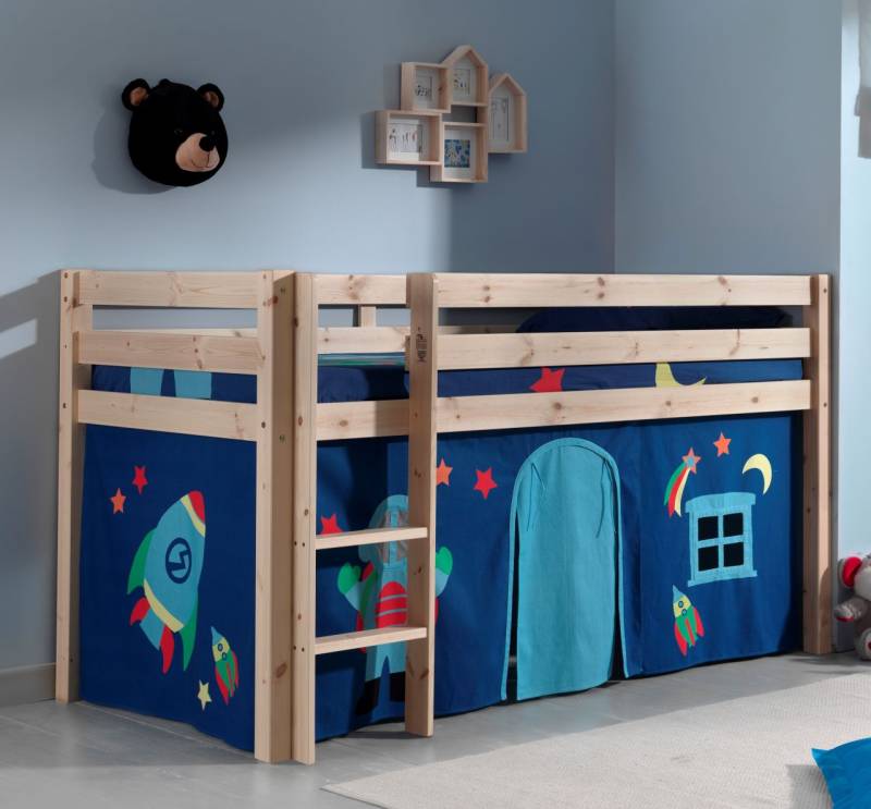 Spielbett Hochbett Kinderbett 90x200 Vorhang Astronaut Weltall Holzbett Natur von VIPACK