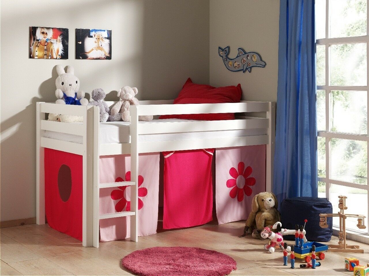 Spielbett Hochbett Kinderbett 90x200 Vorhang Blumen Holz Weiß Rosa Rutsche Pink von VIPACK