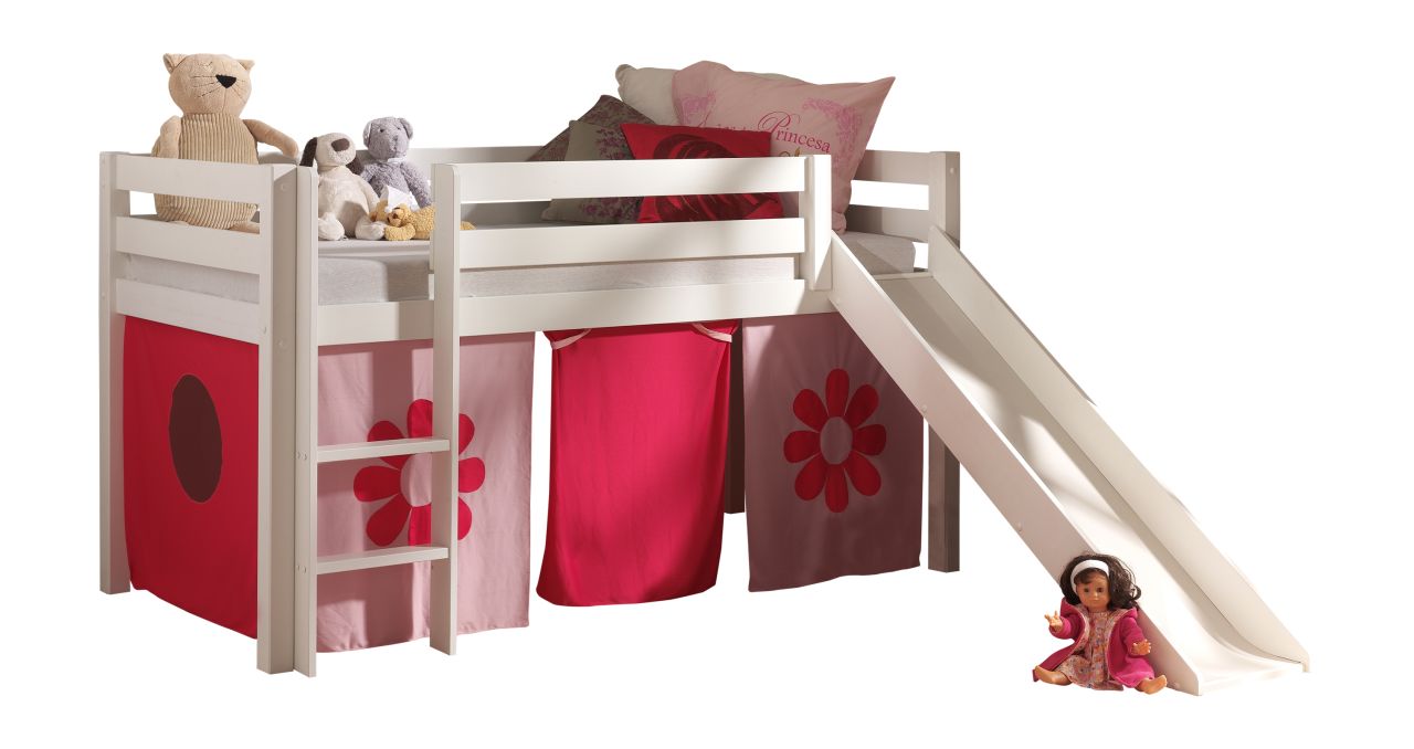 Spielbett Hochbett Kinderbett 90x200 Vorhang Blumen Rutsche Massivholzbett Rosa von VIPACK