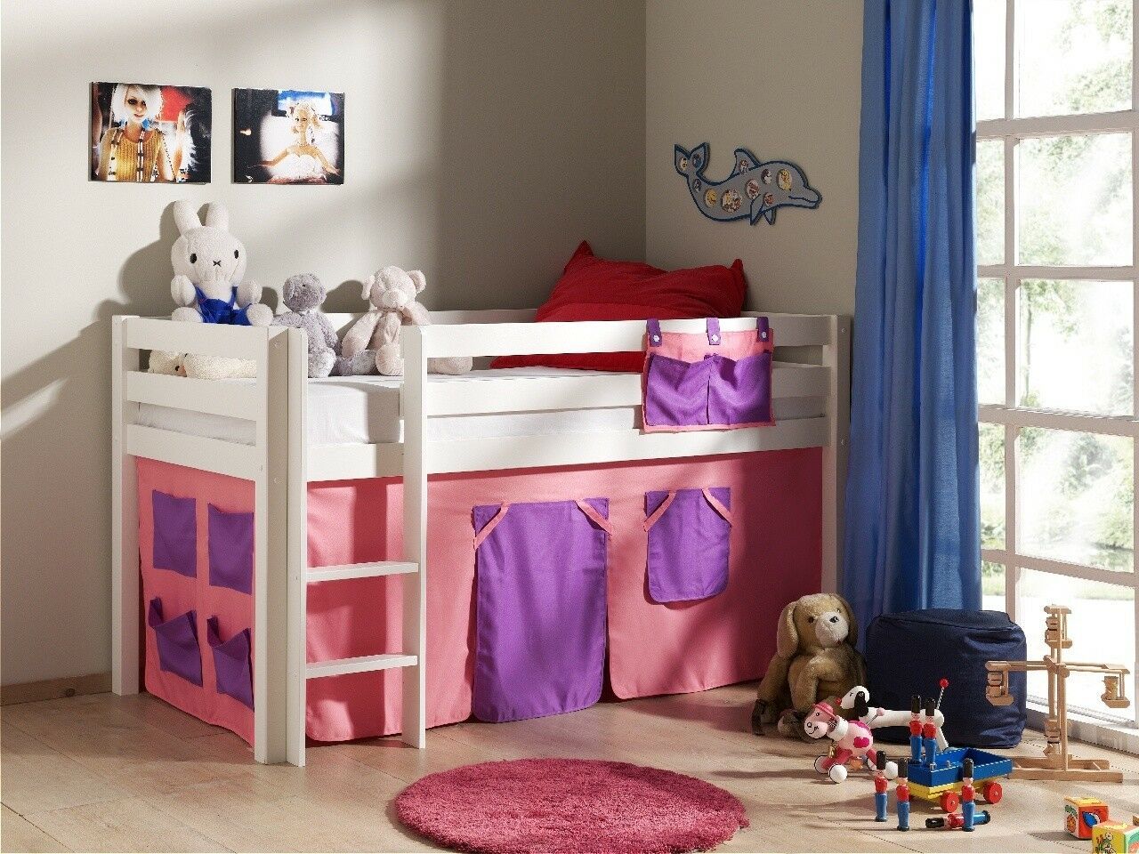 Spielbett Hochbett Kinderbett 90x200 Vorhang Prinzessin Massivholz Weiß Rosa von VIPACK