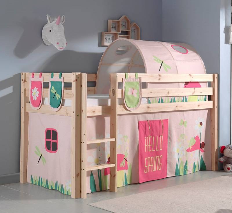 Spielbett Hochbett Kinderbett 90x200 Vorhang Prinzessin Rosa Tunnel Holzbett von VIPACK
