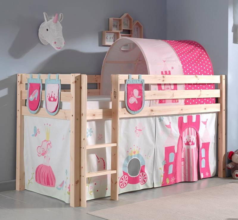 Spielbett Hochbett Kinderbett 90x200 Vorhang Prinzessin Rosa Tunnel Holzbett von VIPACK