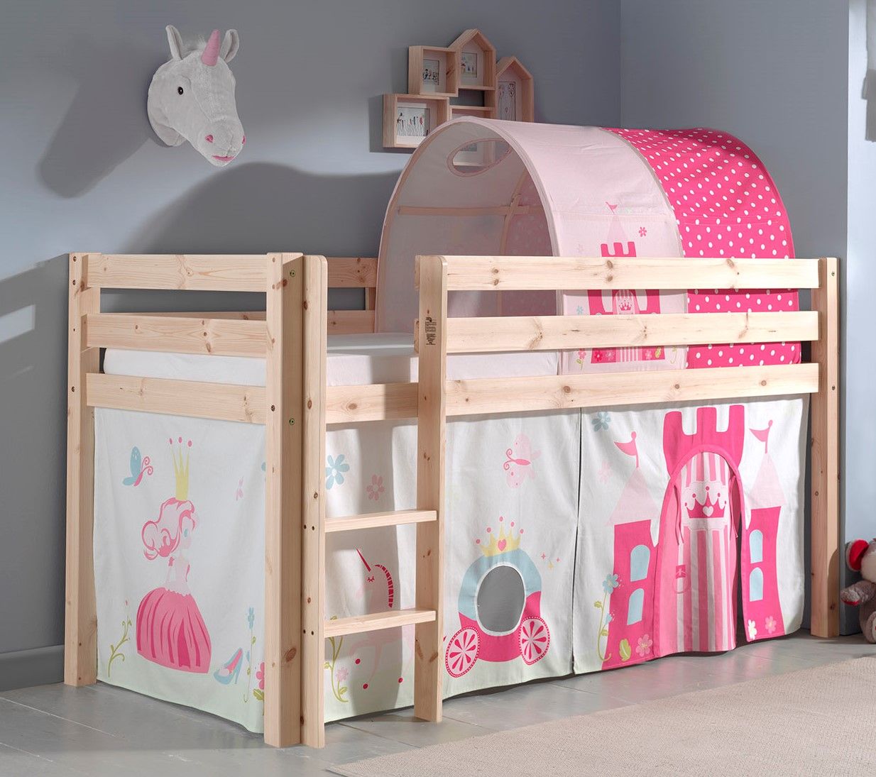 Spielbett Hochbett Kinderbett 90x200 Vorhang Prinzessin Rosa Tunnel Holzbett von VIPACK