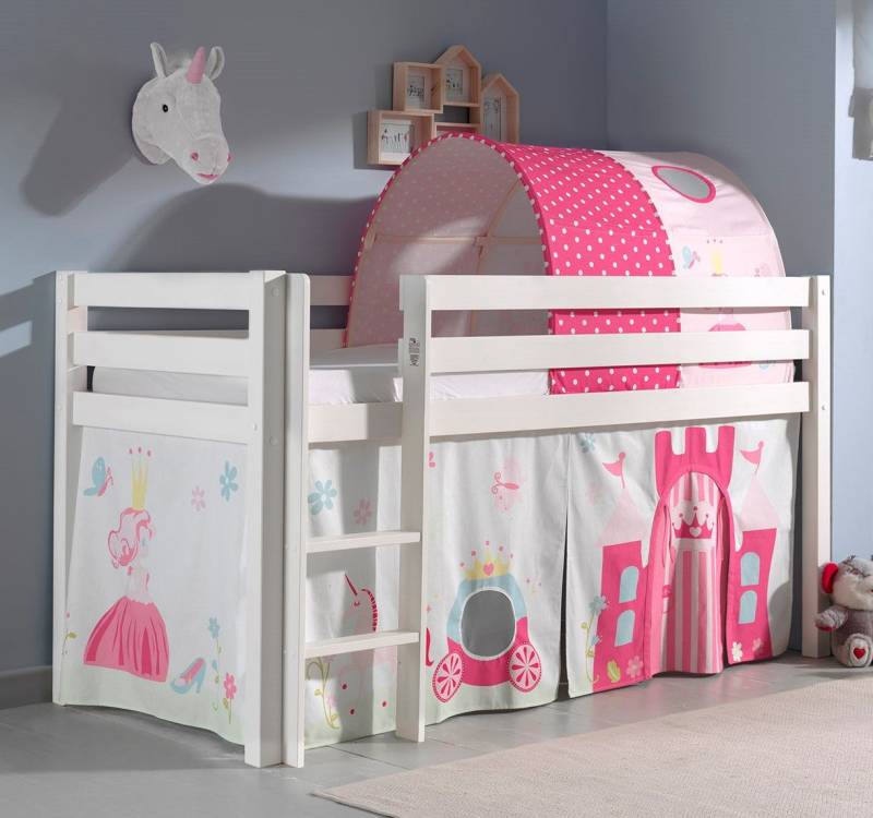 Spielbett Hochbett Kinderbett 90x200 Vorhang Prinzessin Rosa Tunnel Weiß Holz von VIPACK