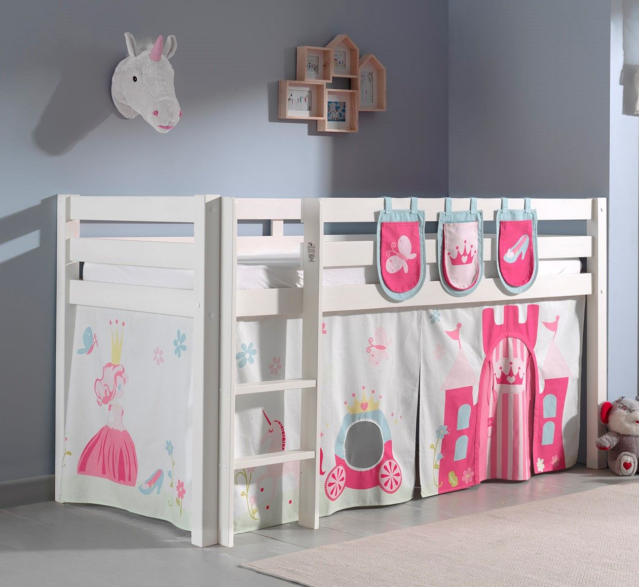 Spielbett Hochbett Kinderbett 90x200 Vorhang Prinzessin Weiß Rosa Holzbett Pink von VIPACK