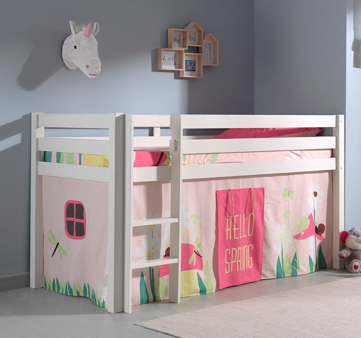 Spielbett Hochbett Kinderbett 90x200 Vorhang Rosa Blumen Holzbett Weiß Leiter von VIPACK