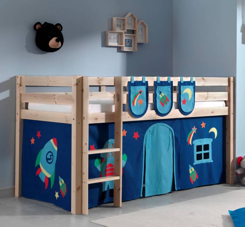 Spielbett Hochbett Kinderbett 90x200 Vorhang Taschen Astronaut Weltall Holzbett von VIPACK