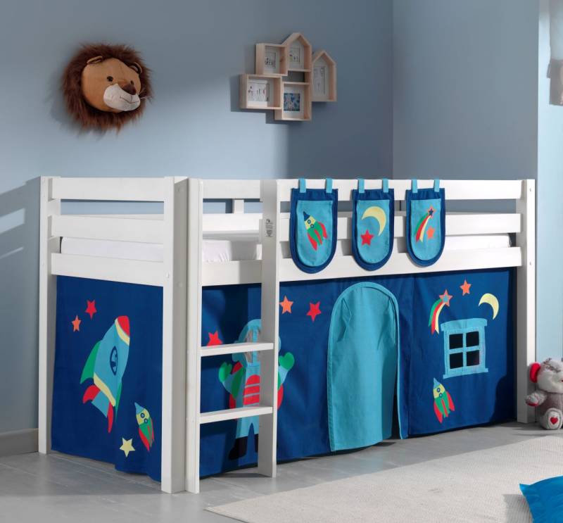 Spielbett Hochbett Kinderbett 90x200 Vorhang Taschen Astronaut Weltall Holzbett von VIPACK