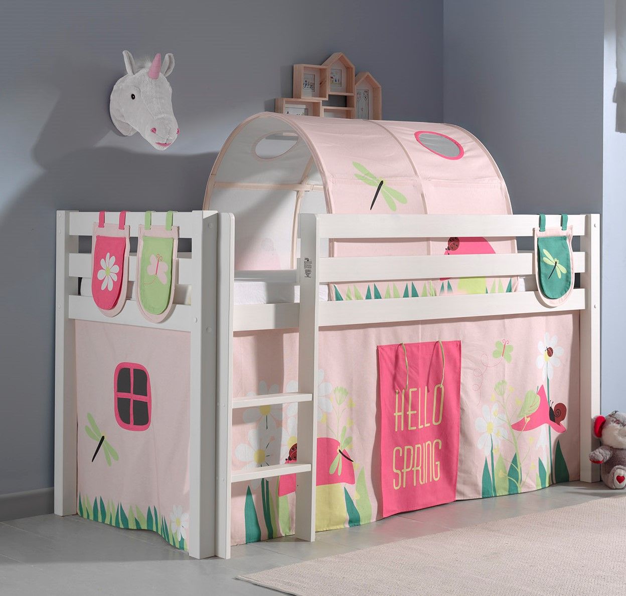 Spielbett Hochbett Kinderbett 90x200 Vorhang Tunnel Rosa Blumen Holzbett Weiß von VIPACK