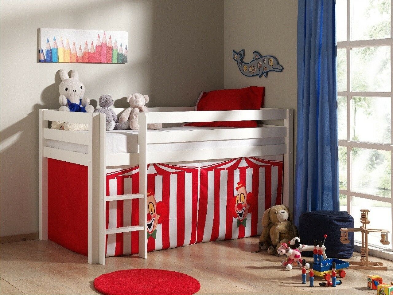 Spielbett Hochbett Kinderbett 90x200 Vorhang Zirkus Massivholz Weiß Rot Leiter von VIPACK