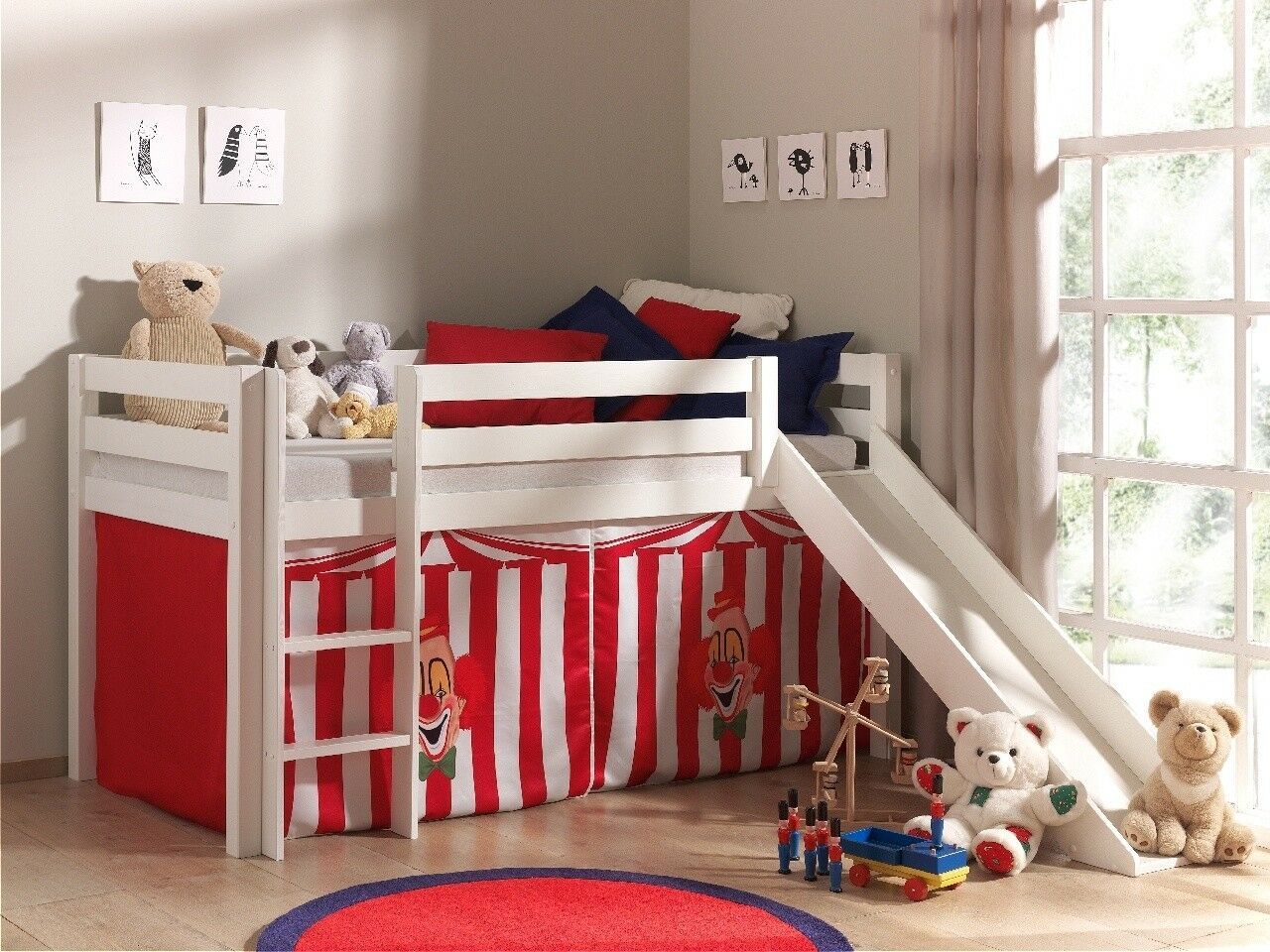 Spielbett Hochbett Kinderbett 90x200 Vorhang Zirkus Rutsche Holz Lattenrost rot von VIPACK