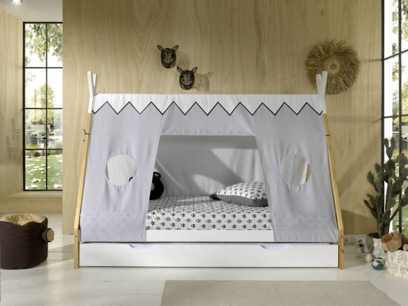 Tipi Bett mit Textilzeltdach Lattenrost Bettschublade 90x200 Kinderbett Zelt von VIPACK