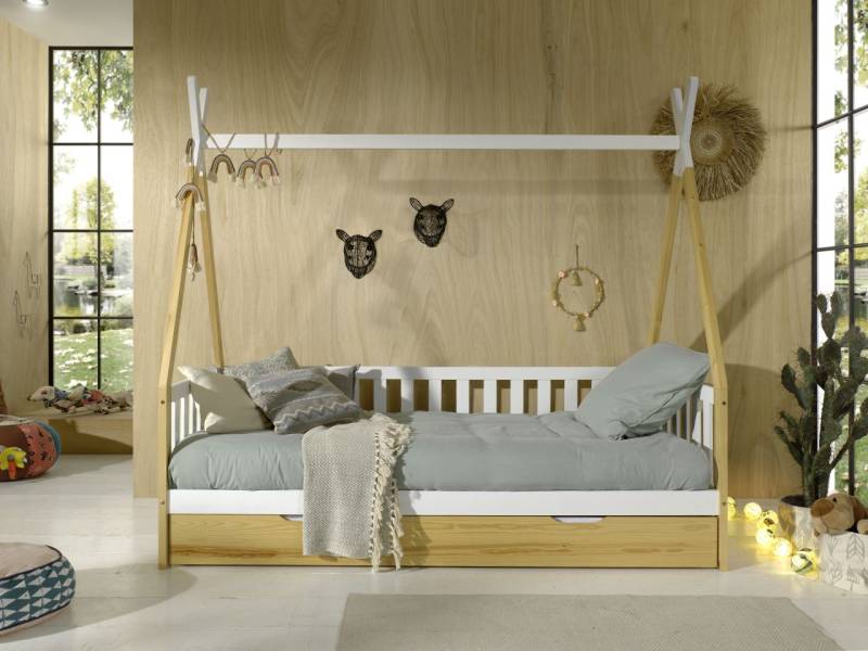 Tipi Kojenbett mit Textilzeltdach Lattenrost Bettschublade 90x200 Kinderbett von VIPACK