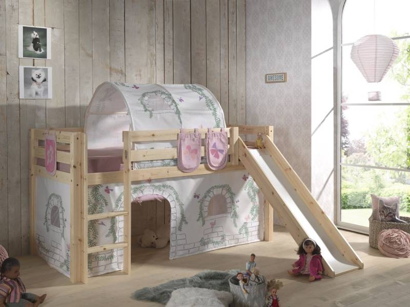 Vipack PINO Spielbett mit Rutsche 90 x 200 und Textilset Birdy - Massiv Natur von VIPACK