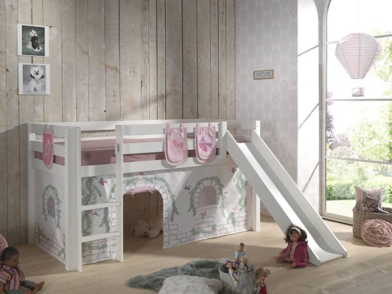 Vipack PINO Spielbett mit Rutsche 90x200 und Vorhang/Taschen Birdy Massiv Weiß von VIPACK
