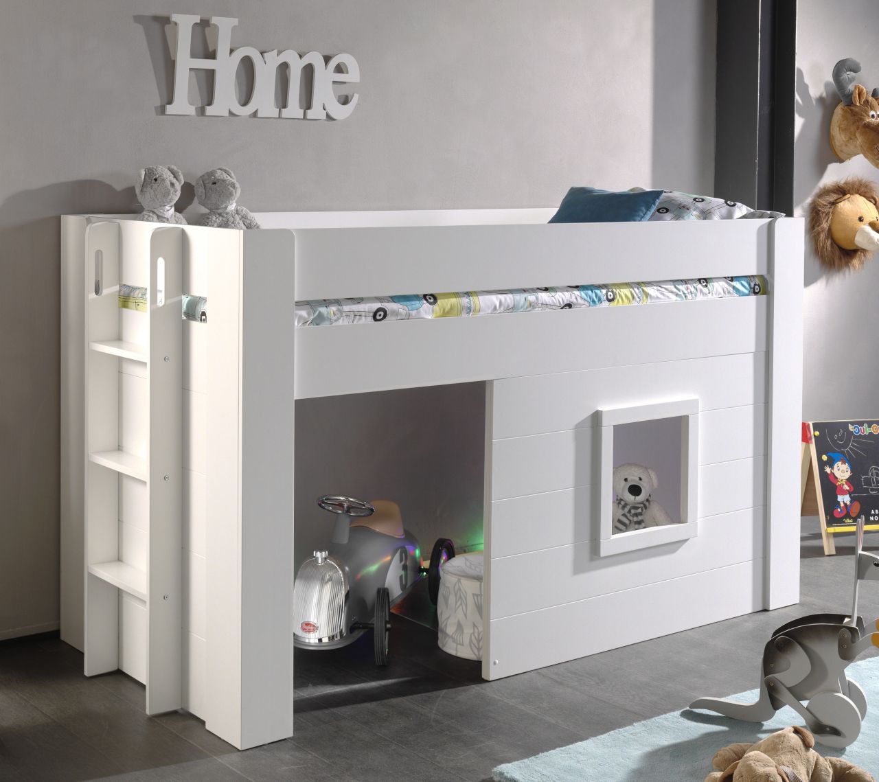 Vipack: Halbhohes Spielbett "NOAH" 90 x 200 - Hausbett Hochbett Kinderbett Weiß von VIPACK