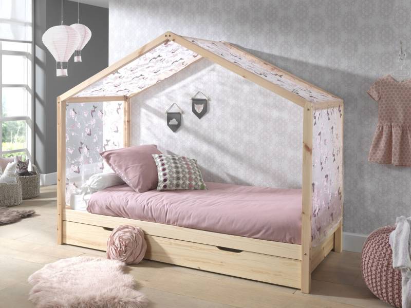 Vipack: Hausbett + Bettschublade + Textilhimmel - Spielbett Jugendbett - Natur von VIPACK