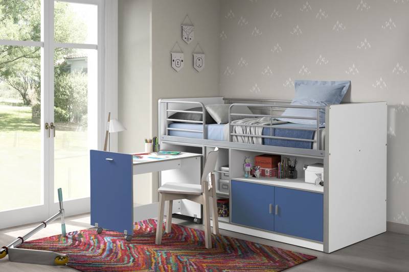 Vipack Hochbett BONNY 90 x 200 Weiß / Blau mit Schreibtisch Halbhochbett von VIPACK