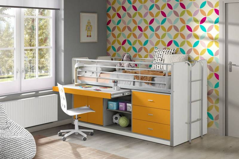 Vipack Hochbett BONNY 90 x 200 Weiß / Orange mit Schreibtisch Halbhochbett von VIPACK