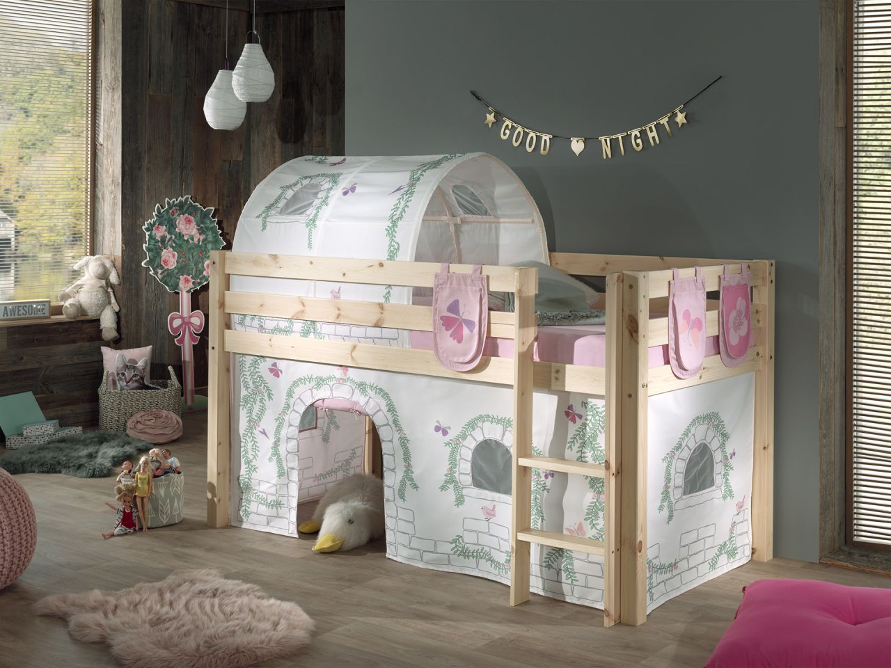 Vipack: "PINO" Spielbett / Hochbett 90 x 200 mit Textilset "Birdy" Massiv Natur von VIPACK