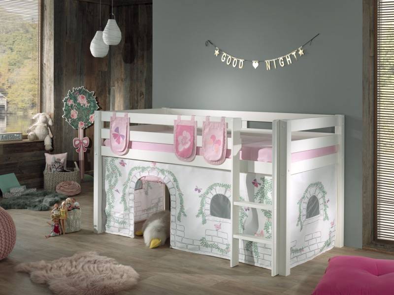 Vipack: "PINO" Spielbett / Hochbett 90x200 mit Vorhang +Taschen "Birdy" - Massiv von VIPACK