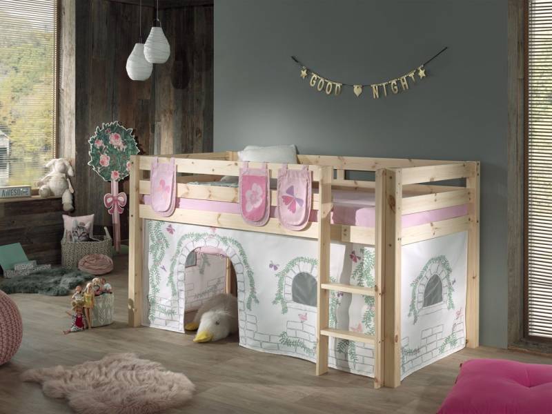 Vipack: "PINO" Spielbett / Hochbett 90x200 mit Vorhang +Taschen "Birdy" - Massiv von VIPACK