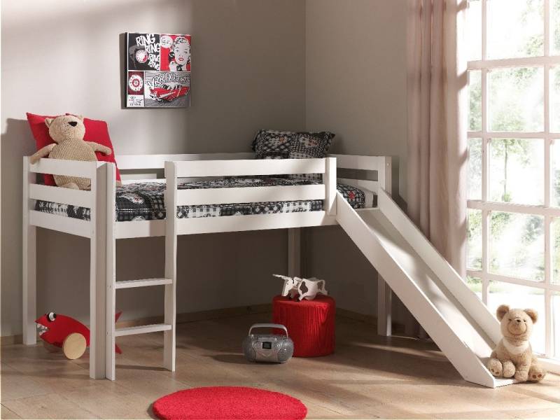 Vipack: "PINO" Spielbett 90 x 200 mit Rutsche Kiefer massiv weiß - Hochbett von VIPACK