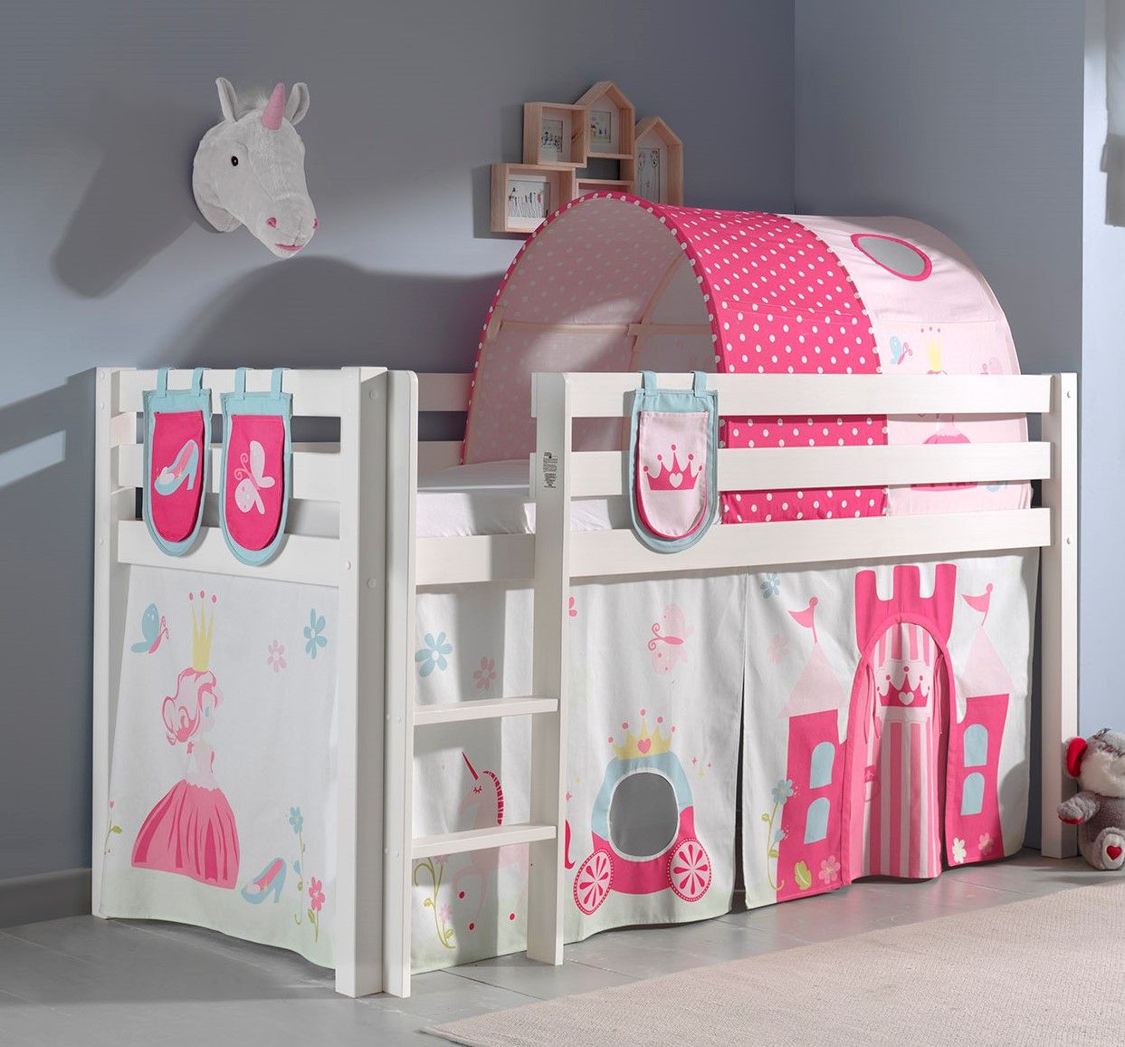 Vipack: PINO Spielbett 90 x 200 und Textilset "Prinzessin" - Kiefer massiv Weiß von VIPACK