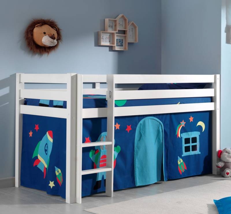 Vipack: "PINO" Spielbett 90 x 200 und Vorhang "Astronaut" - Kiefer massiv Weiß von VIPACK