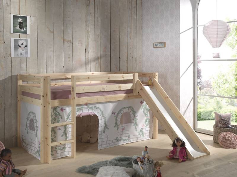 Vipack: "PINO" Spielbett mit Rutsche 90 x 200 und Vorhang "Birdy" - Massiv Natur von VIPACK