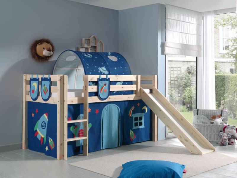 Vipack: PINO Spielbett mit Rutsche 90x200 und Textilset "Astronaut" Kiefer Natur von VIPACK