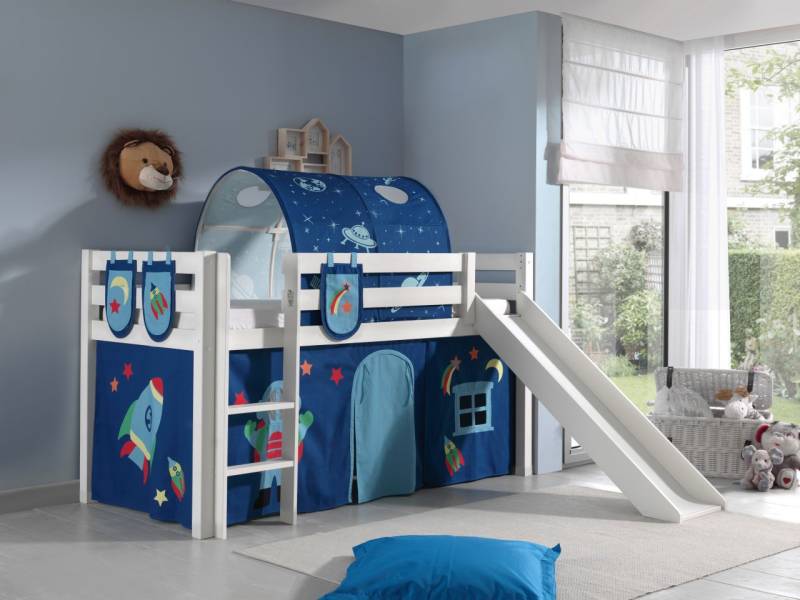 Vipack: PINO Spielbett mit Rutsche 90x200 und Textilset "Astronaut" Kiefer Weiß von VIPACK