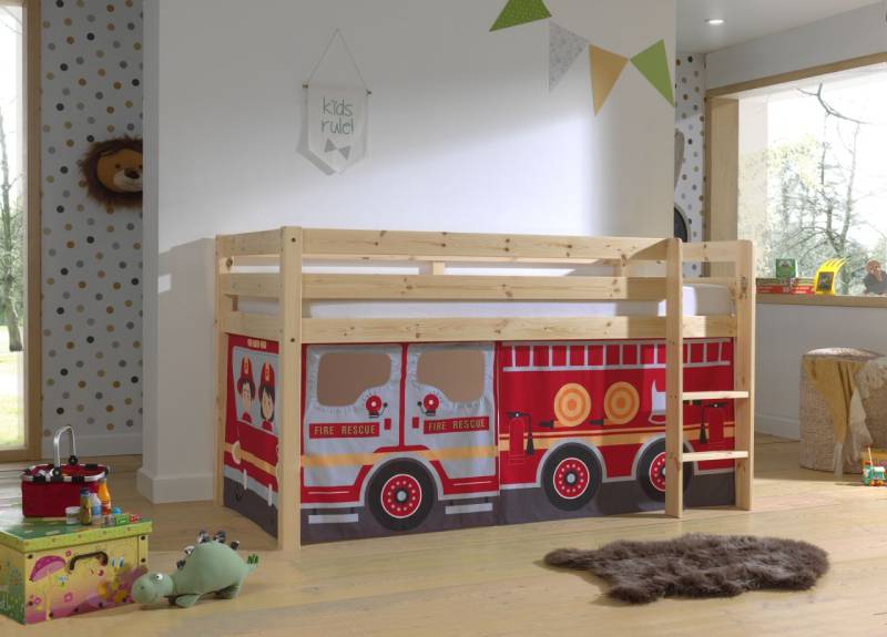 Vipack:"Pino" Halbhohes Spielbett mit Textilset Feuerwehr - Natur von VIPACK