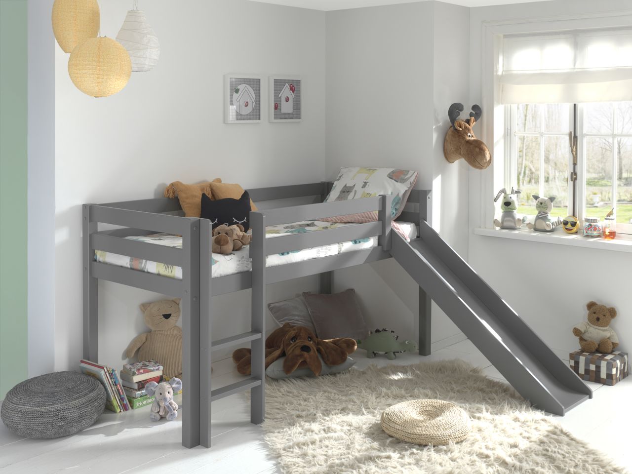 Vipack: Spielbett Pino mit Rutsche 90 x 200-Kinderbett Hochbett Jugendbett- Grau von VIPACK