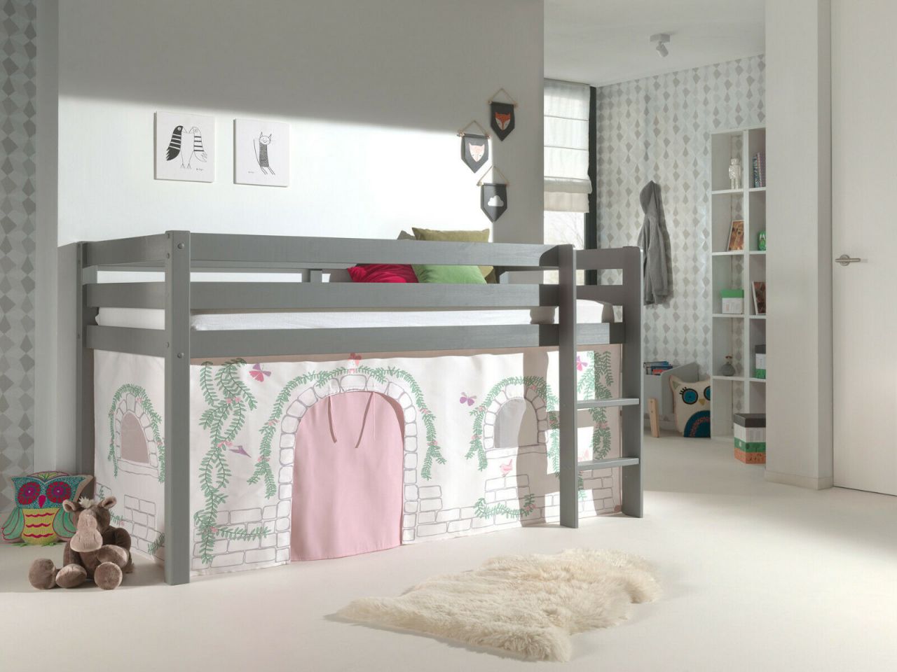 Vipack:Spielbett "Pino" +Textilset - Jugend/Kinderbett Hochbett Etagenbett Grau von VIPACK