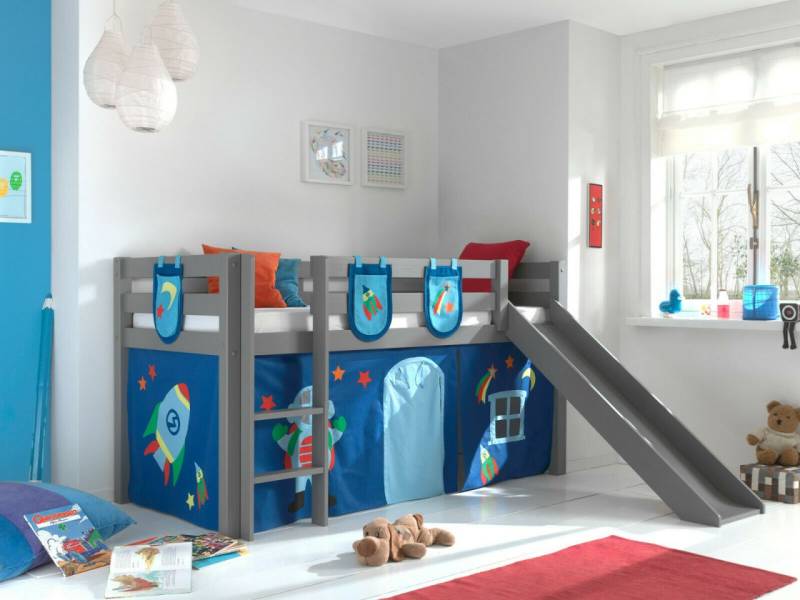 Vipack:Spielbett "Pino" mit Rutsche+Textilset+3 Taschen -Jugend/Kinderbett Grau von VIPACK